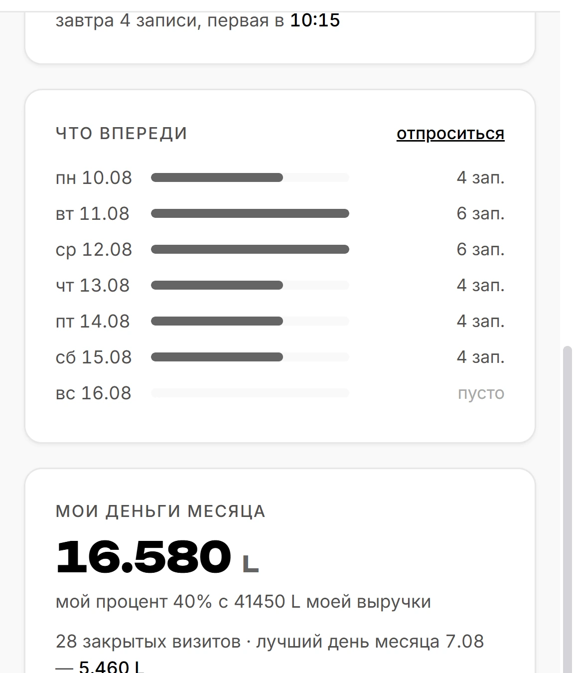 Кабинет мастера: деньги месяца и вернувшиеся клиентки